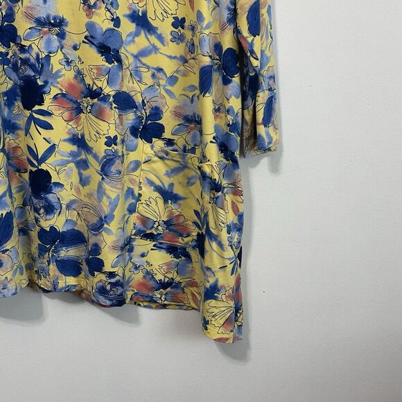 LOGO Lori Goldstein Top Tunic S Yellow Blue Floral Asymmetric Hem Pocket Casual - Picture 2 of 11